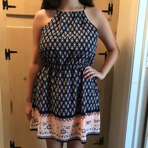 Navy Blue and Peach Patterned Summer Dress